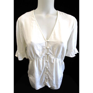 Madewell White Linen Blend Button Down V Neck Romantic Peasant Top Women Sz 4